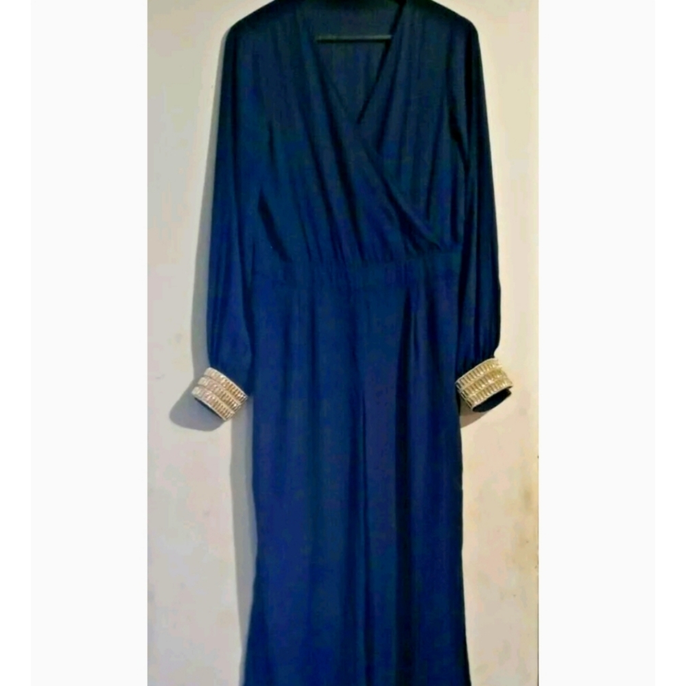 Blue Polyester Sheer Bedazzling Cuff Pants Jumpsuit sz XL